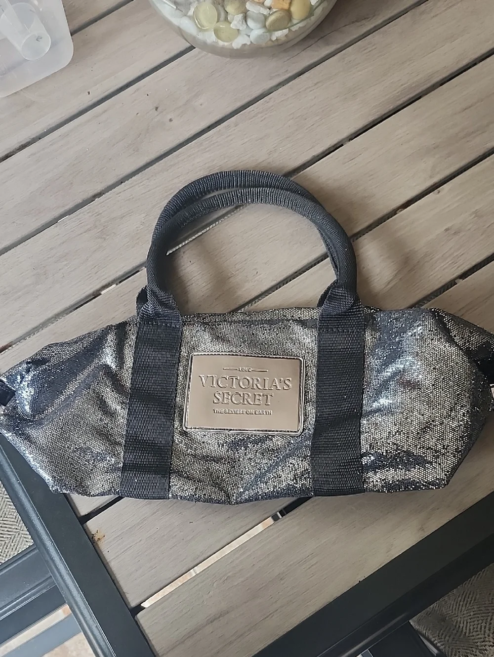 Victoria's Secret Silver Sequin Cosmetic Tote with Black Straps